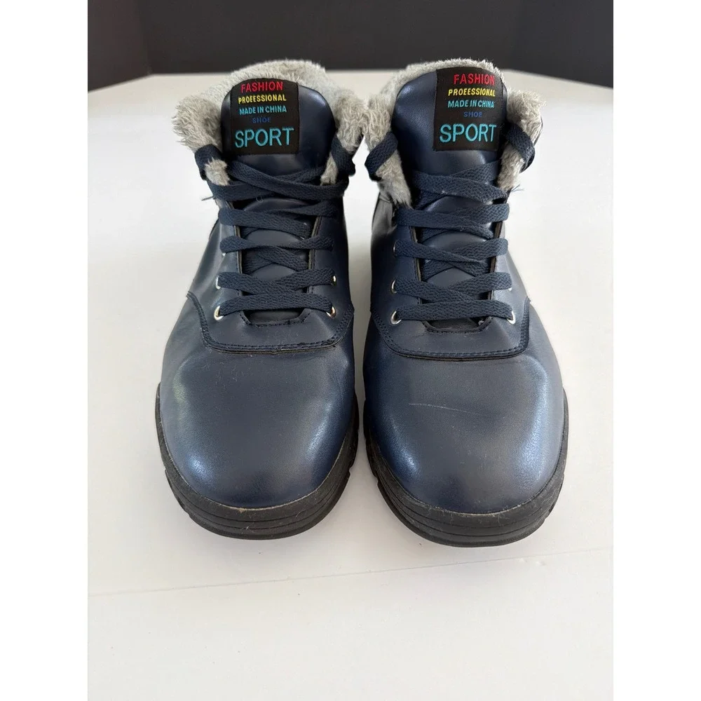 Mianxie Mens Navy Blue Faux Fur Lined Winter Boots Lace Up Sport Size 45 US 11.5